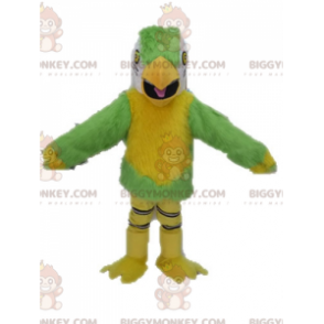 Traje de mascote de papagaio verde amarelo e branco