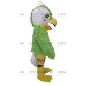 Traje de mascote de papagaio verde amarelo e branco