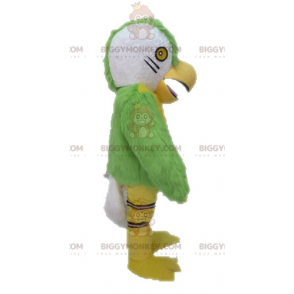 Traje de mascote de papagaio verde amarelo e branco