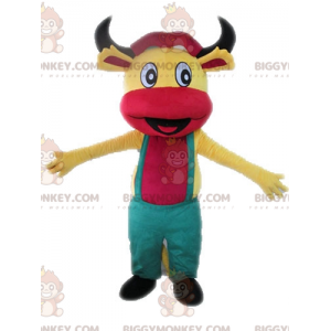 Yellow and Pink Cow BIGGYMONKEY™ Mascot Costume with Overalls –