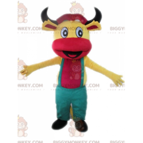 Yellow and Pink Cow BIGGYMONKEY™ Mascot Costume with Overalls –