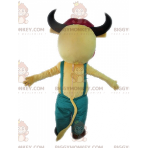 Yellow and Pink Cow BIGGYMONKEY™ Mascot Costume with Overalls –