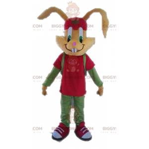 Bruin konijn BIGGYMONKEY™ mascottekostuum gekleed in rood en