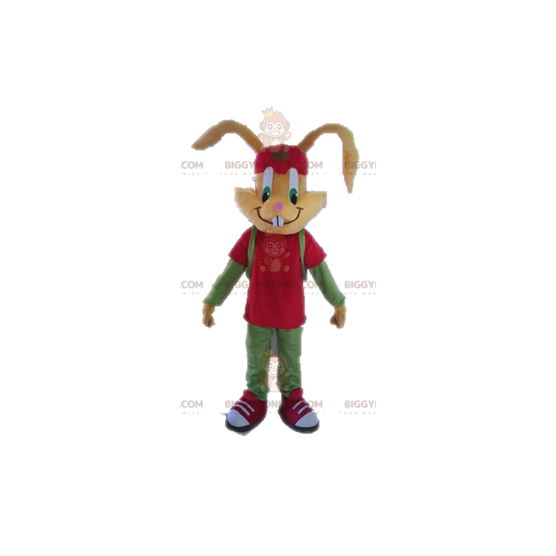 Brown Rabbit BIGGYMONKEY™ Mascot Costume Dressed in Red and
