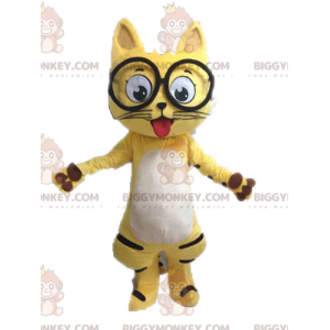 Traje de mascote BIGGYMONKEY™ gato amarelo preto e branco com