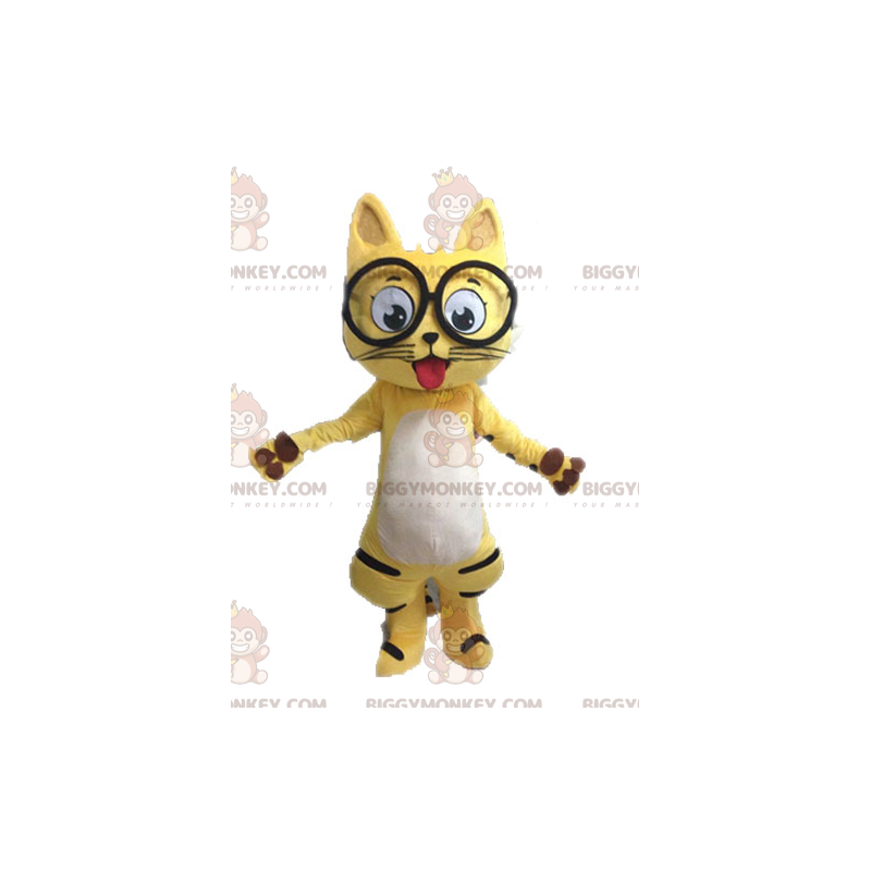 BIGGYMONKEY™ mascottekostuum zwart-wit gele kat met bril -