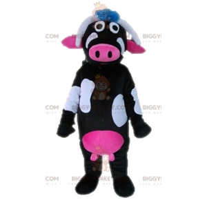 Costume de mascotte BIGGYMONKEY™ de vache noire rose et blanche