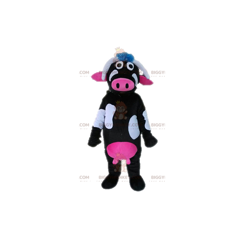 Fantasia de mascote BIGGYMONKEY™ de vaca preta rosa e branca –