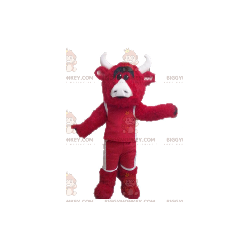 Costume de mascotte BIGGYMONKEY™ de taureau rouge et blanc.