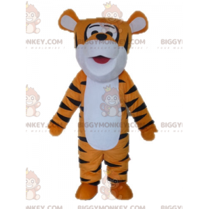 Kostým oranžově bílého a černého tygra BIGGYMONKEY™ maskota.