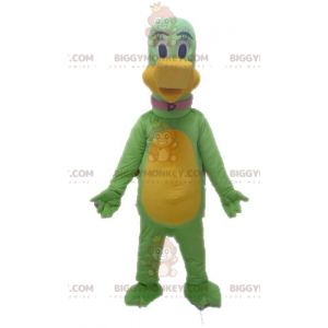 Traje de mascote de dinossauro gigante verde e amarelo