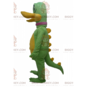 Costume della mascotte del dinosauro gigante verde e giallo