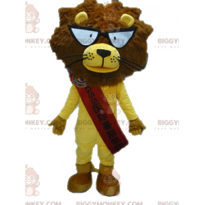 BIGGYMONKEY™ mascottekostuum gele en bruine leeuw met bril -