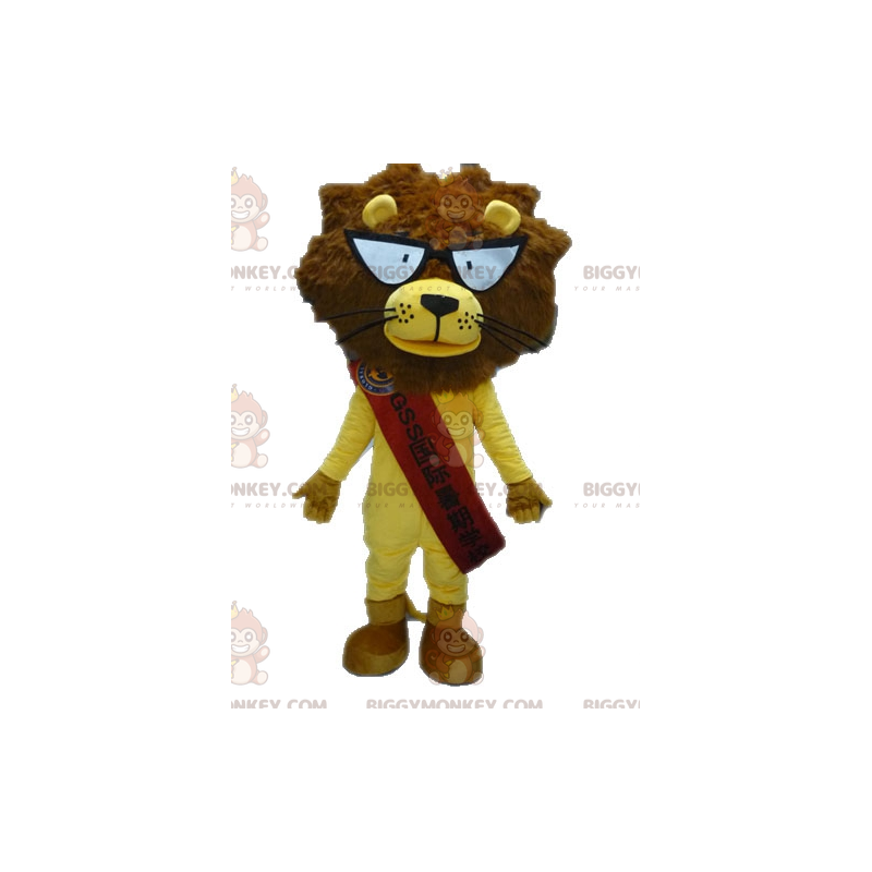 Traje de mascote BIGGYMONKEY™ Leão amarelo e marrom com óculos