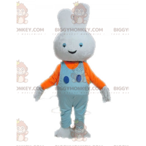BIGGYMONKEY™ Hvid kaninmaskotkostume med blå overalls -