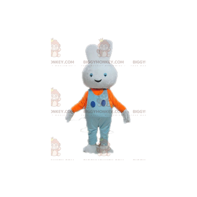 BIGGYMONKEY™ Weißes Kaninchen-Maskottchen-Kostüm mit blauem