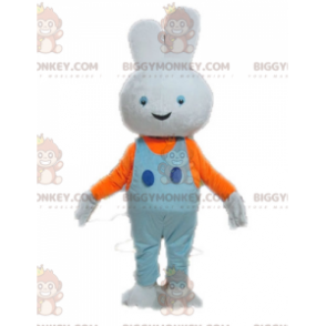 BIGGYMONKEY™ White Rabbit Mascot Costume With Blue Overalls –