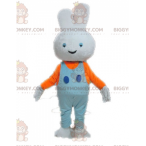 BIGGYMONKEY™ White Rabbit Mascot Costume With Blue Overalls -