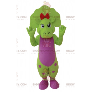 Traje de mascote de dinossauro de bolinhas verde e rosa
