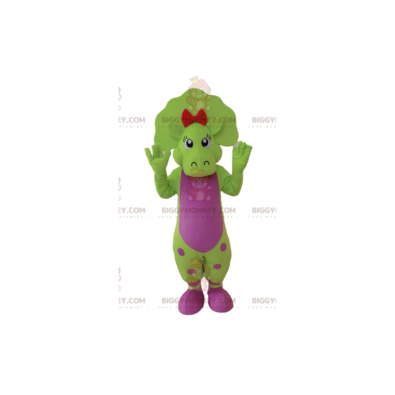 BIGGYMONKEY™ Costume mascotte dinosauro a pois verde e rosa -