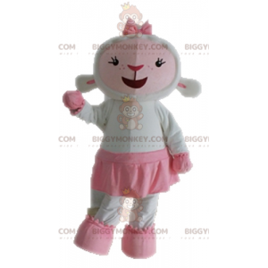 Traje de mascote de ovelha branca e rosa BIGGYMONKEY™. Traje de