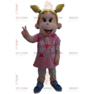 BIGGYMONKEY™ mascottekostuum blond meisje gekleed in roze -