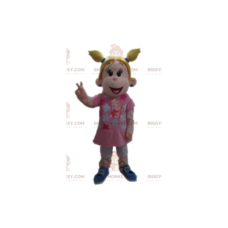 Traje de mascote BIGGYMONKEY™ Garota loira vestida de rosa –