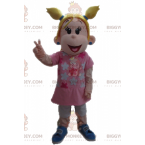 BIGGYMONKEY™ Maskotdräkt Blond flicka klädd i rosa -