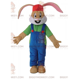 Brown Rabbit BIGGYMONKEY™ Mascot Costume Dressed In Overalls -