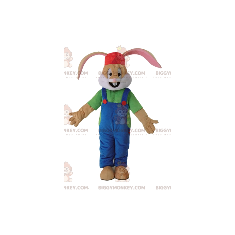 Bruin konijn BIGGYMONKEY™ mascottekostuum gekleed in overall -