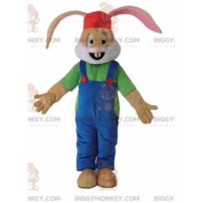 Brown Rabbit BIGGYMONKEY™ Mascot Costume Dressed In Overalls -