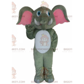 Costume da mascotte gigante grigio bianco e rosa elefante