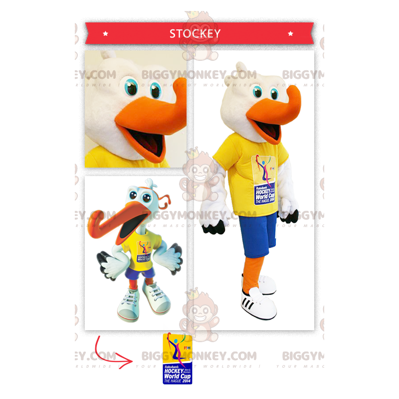 Costume de mascotte BIGGYMONKEY™ de cigogne supporter de hockey