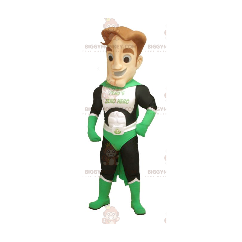 Traje de mascote de super-herói BIGGYMONKEY™ verde branco e