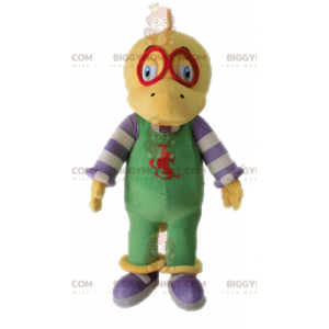 BIGGYMONKEY™ Yellow Dinosaur Mascot Costume Dressed In Overalls