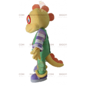 BIGGYMONKEY™ Yellow Dinosaur Mascot Costume Dressed In Overalls