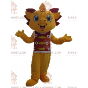 Costume de mascotte BIGGYMONKEY™ de dragon jaune et rouge.