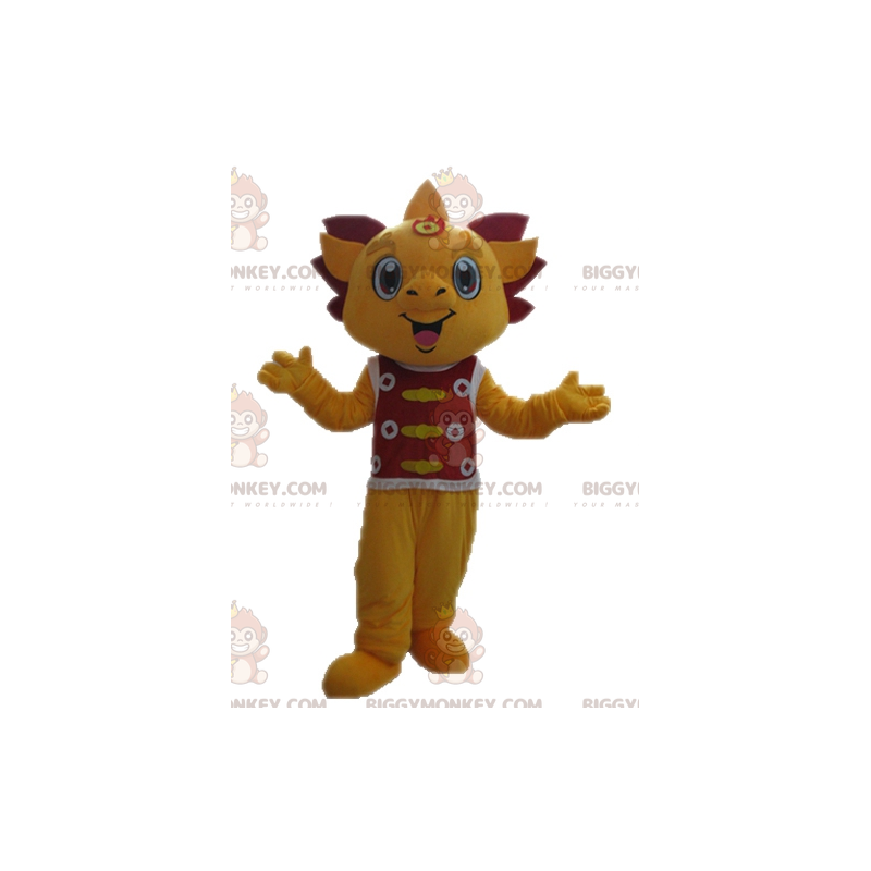 Yellow and Red Dragon BIGGYMONKEY™ Mascot Costume. Smiling