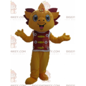 Yellow and Red Dragon BIGGYMONKEY™ Mascot Costume. Smiling