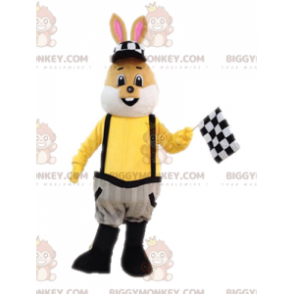 Brun och vit kanin BIGGYMONKEY™ maskotdräkt klädd i overall -