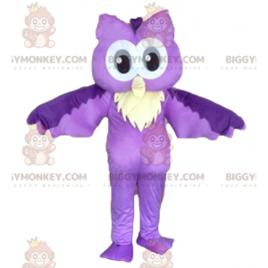 Costume de mascotte BIGGYMONKEY™ de hibou violet et blanc.