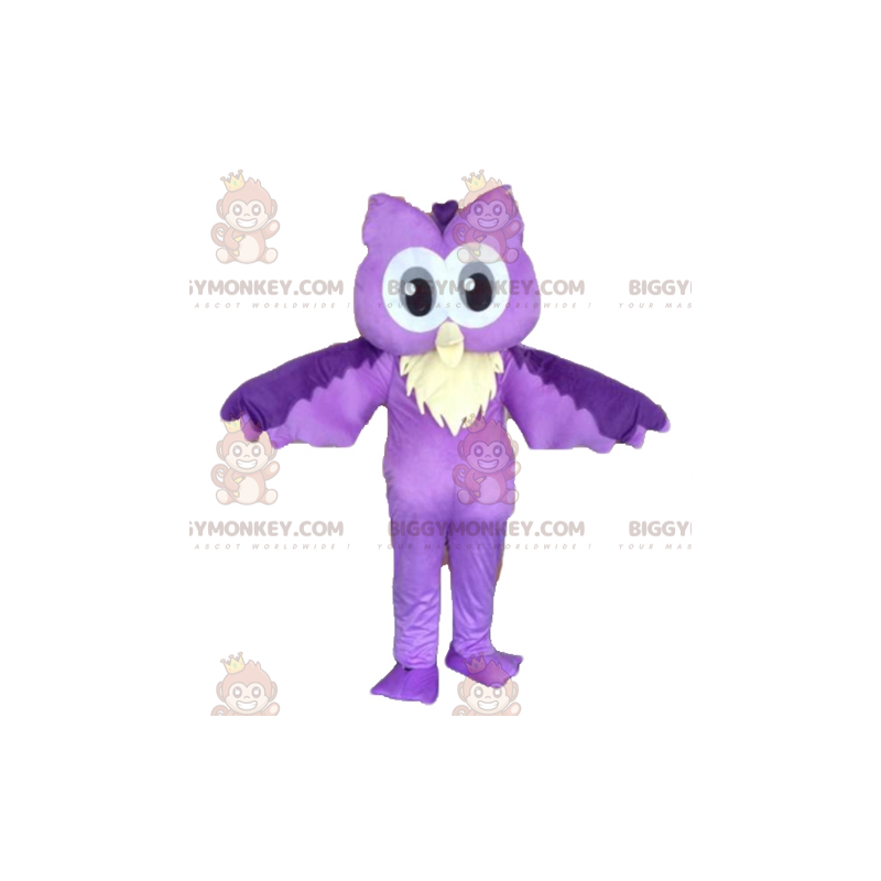 Costume de mascotte BIGGYMONKEY™ de hibou violet et blanc.