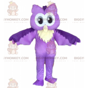 Costume de mascotte BIGGYMONKEY™ de hibou violet et blanc.