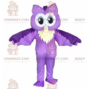 Fantasia de mascote BIGGYMONKEY™ da coruja roxa e branca. Traje