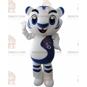 Costume de mascotte BIGGYMONKEY™ de tigre blanc et bleu.