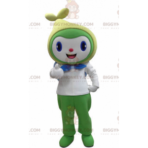 Traje de mascote de boneco de neve sorridente branco verde e