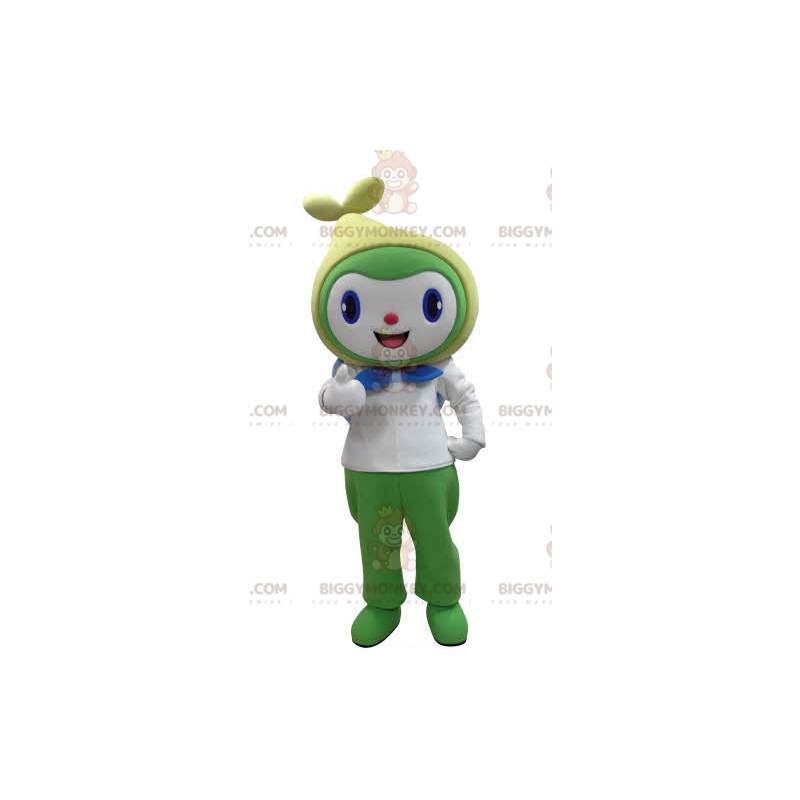 Traje de mascote de boneco de neve sorridente branco verde e
