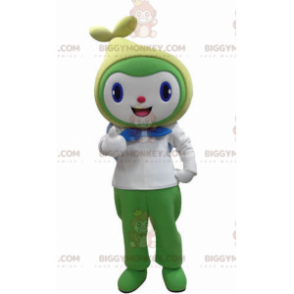 Traje de mascote de boneco de neve sorridente branco verde e