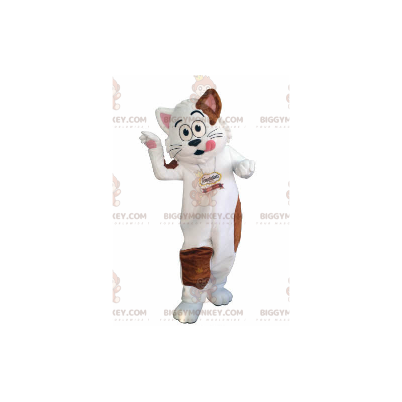 White and brown cat BIGGYMONKEY™ mascot costume. Greedy