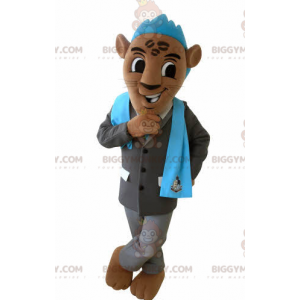 Bruine tijger BIGGYMONKEY™ mascottekostuum met pak en blauw